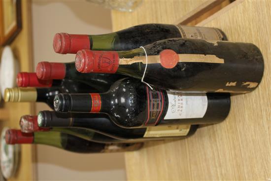 Nine assorted bottles of wine: Burgundy with no label, J. Mommessia to the cap; Badgers Creek Shiraz Cabernet 2007; three Nuits-St-Geor